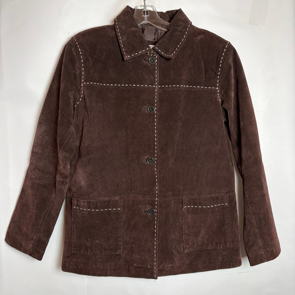 VTG Denim & Co Womens Brown Suede Leather Barn Jacket Contrast Top Stitch Small
